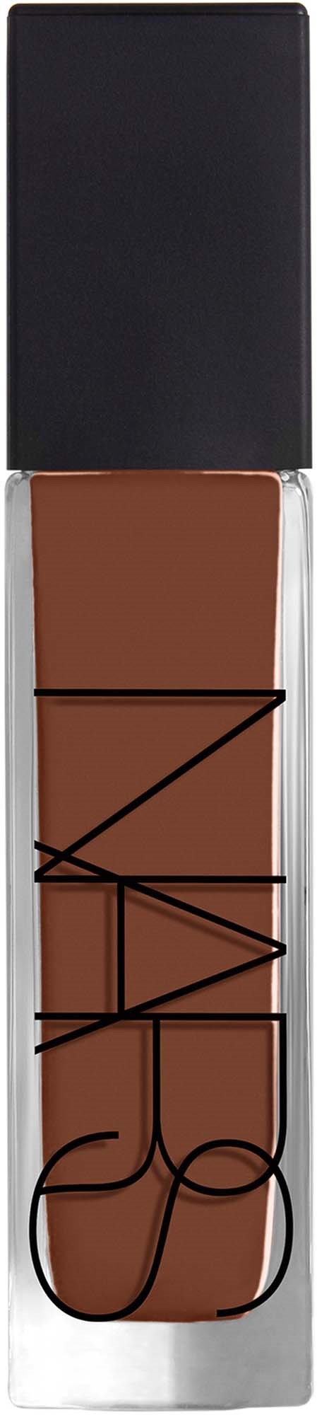 NARS liquid foundation bottle with black cap, transparent body showing brown product, brand name on front, on a black background.