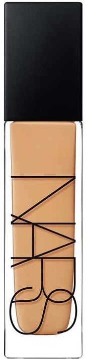 NARS liquid foundation bottle with black cap and clear body showing beige product.