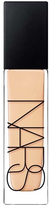 NARS liquid foundation bottle with black cap and clear body showing beige liquid.
