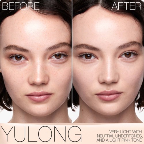 Before and after images of a woman showing improved skin clarity and tone. Text mentions Yulong skincare product and shades.