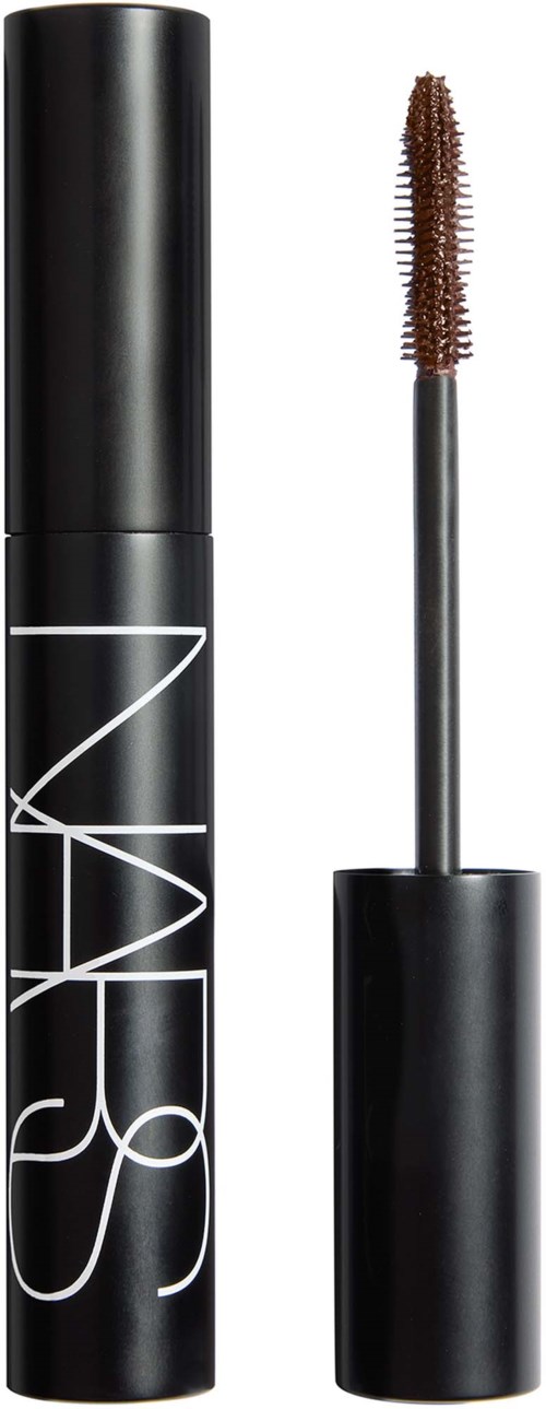 NARS mascara tube with brush applicator next to it, black packaging with white logo.