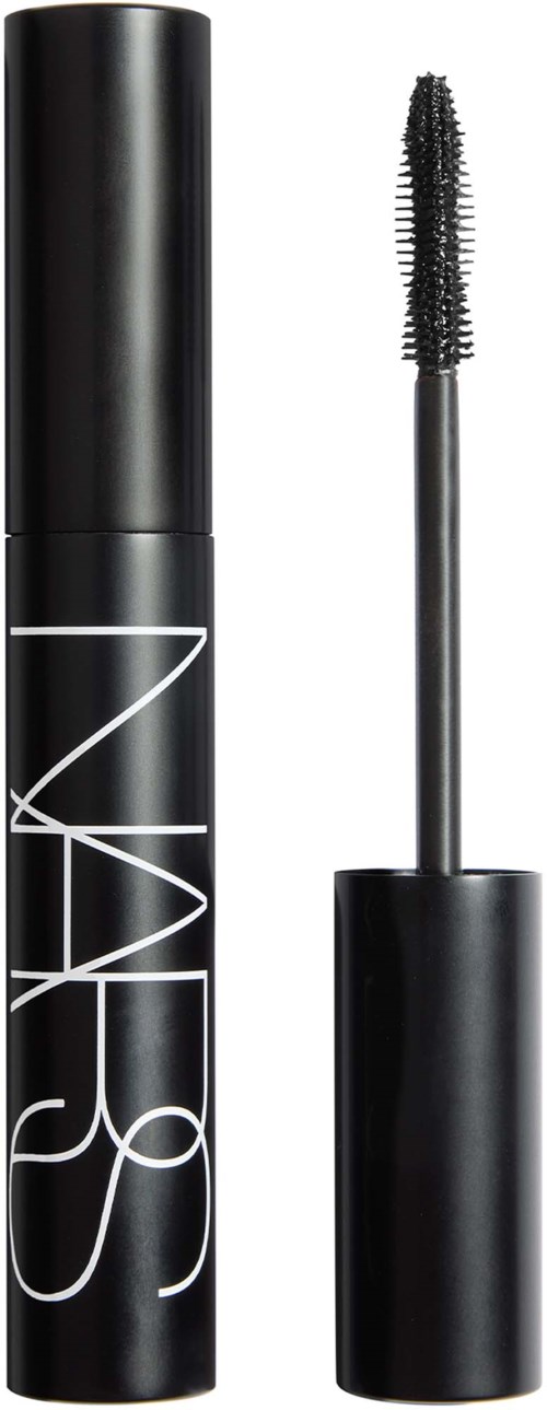 A mascara tube with the brand NARS, opening to show the brush applicator.
