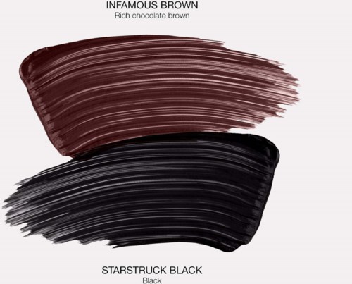 Two broad brushstrokes: one rich chocolate brown at the top, one deep black at the bottom, with product names above.