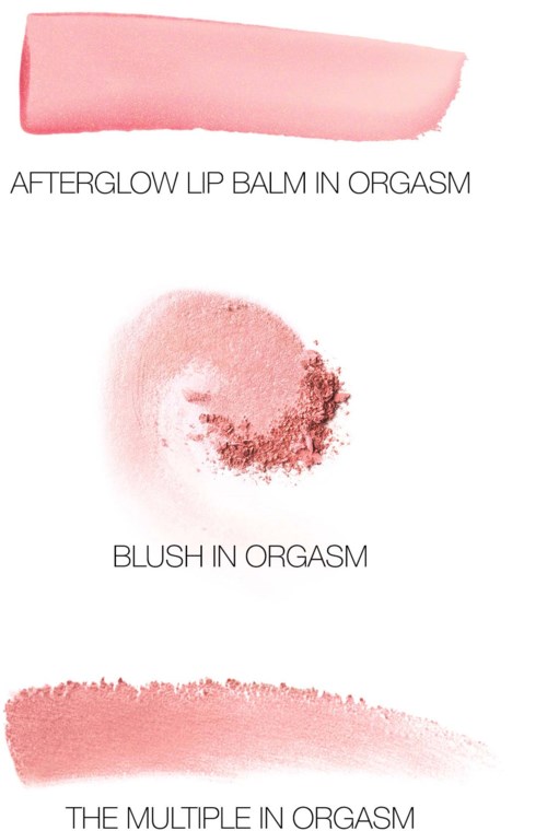 Rosa sminkstreck med text om läppar, blush och makeup i orgasm. Enkel beskrivning av kosmetika.