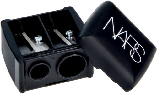 A black NARS makeup double-sided lipstick and lip gloss holder with two slots and circular spaces.