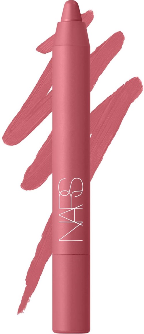 Pinkki NARS-meikkikynä ja taustalla värinäytteitä, jotka näyttävät tuotteen väriä ja tekstuuria.