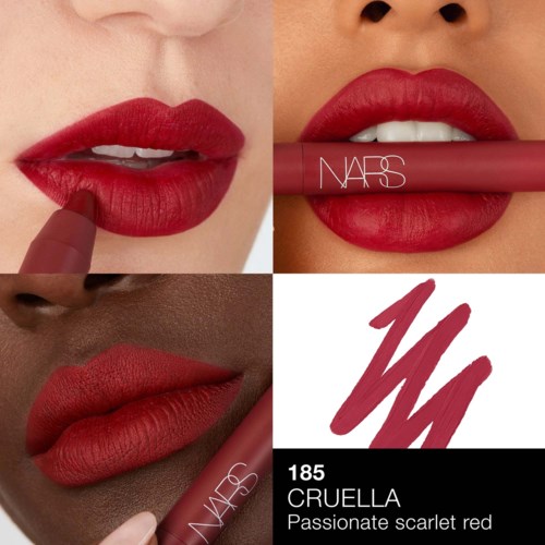 Lähikuva huulista punaisella huulipunalla, eri ihonvärejä ja NARS Passionate Scarlet Red -sävyä.