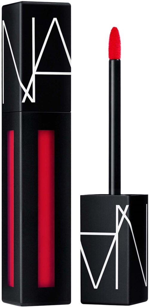 A NARS lip gloss in sleek black packaging with a red lipstick tip and clear window showing the gloss color.