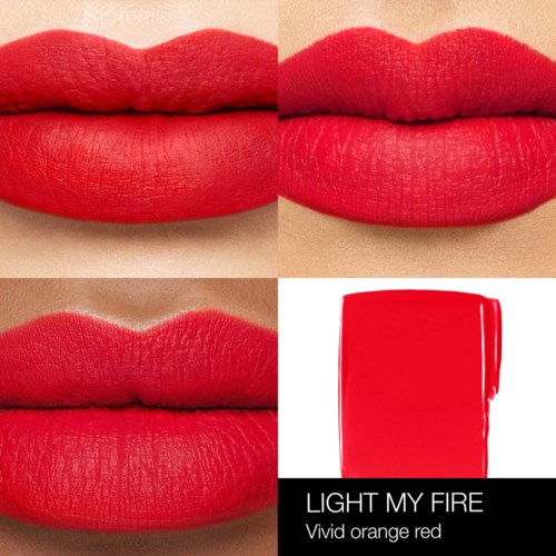 Close-up of lips wearing bright orange-red lipstick. Lipstick swatch and packaging shown.