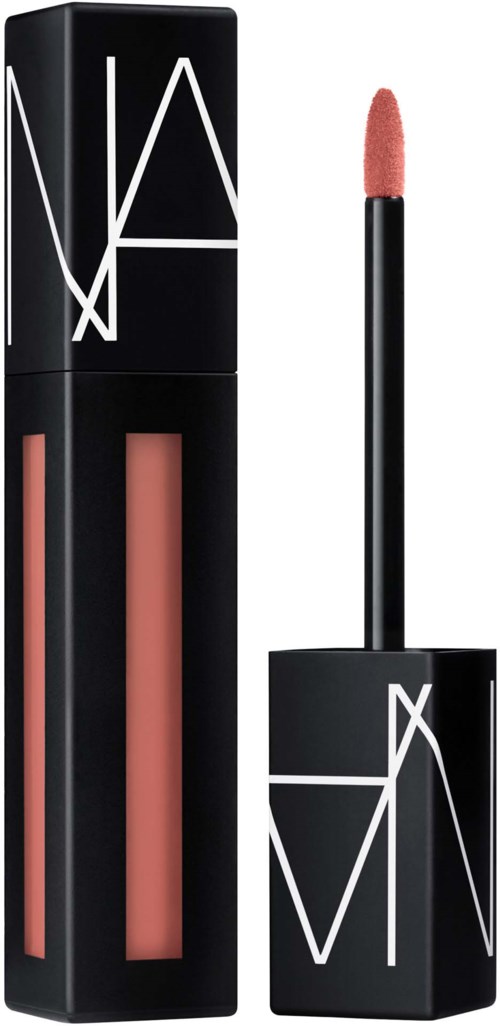 A NARS lip gloss with a black and white tube, pink gloss inside, and applicator wand.