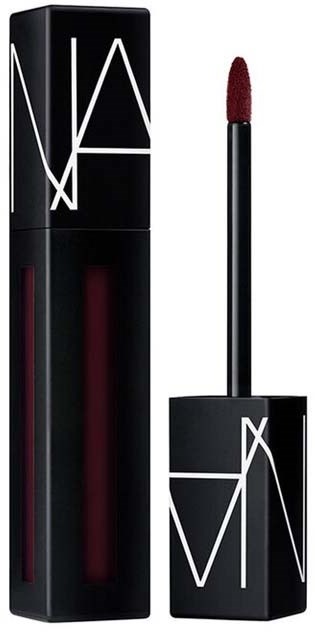 Lip gloss in a sleek black tube with white letters, and the applicator with red gloss.