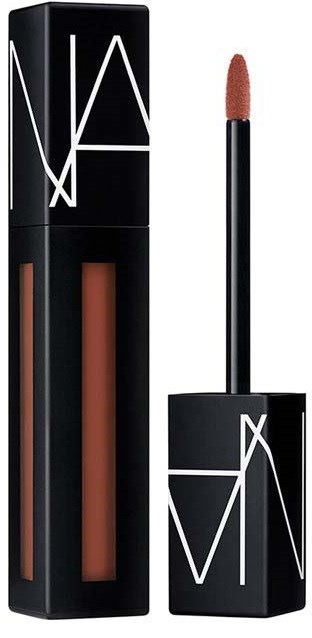 Lip gloss container with a wand applicator, black with white NARS logo, and a nude-colored lip gloss.