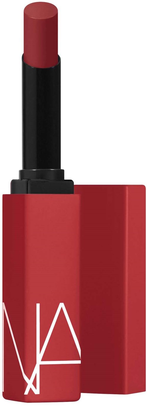 A red lipstick with the cap removed, showing the lip color stick inside.
