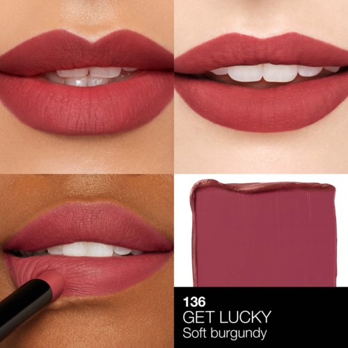Four images showing lips with different shades of burgundy lipstick and a swatch of lipstick color.