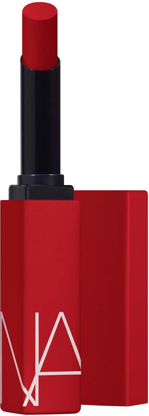 A red lipstick with a black base, partly extended from a matching red case.