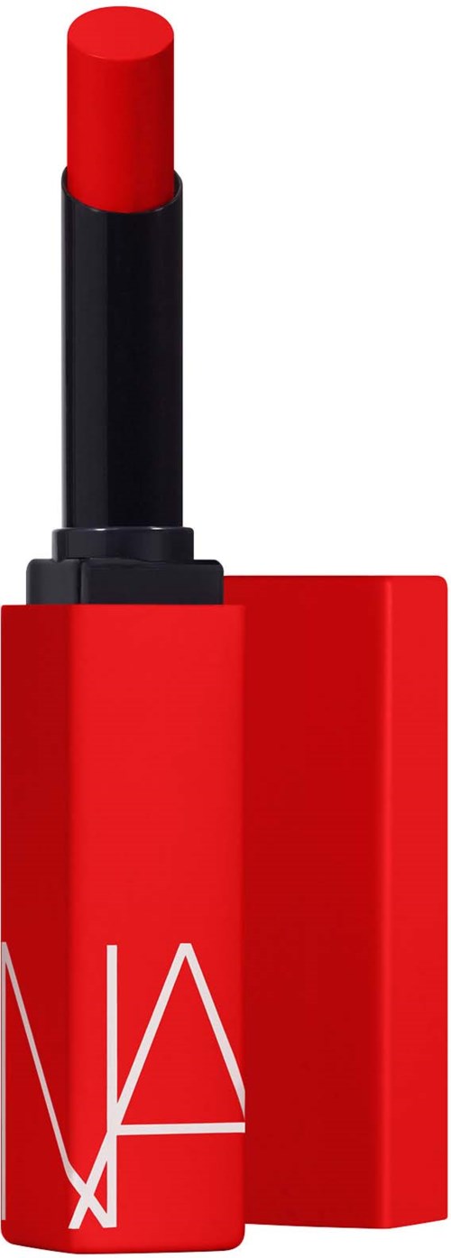 Red lipstick in a black case with a red outer cover and white logo. The lipstick is extended.
