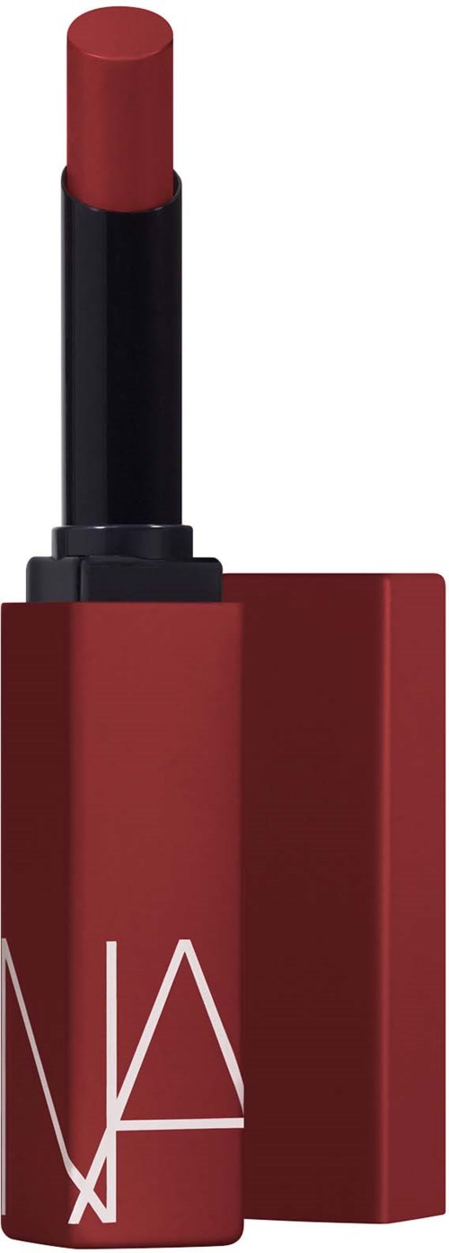 A red lipstick with a black base in a rectangular case. The lipstick is extended and ready to use.