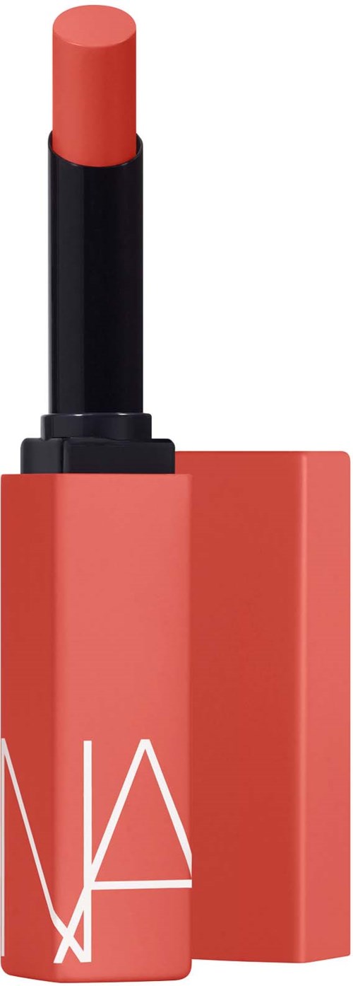A coral-colored lipstick in a black and orange container, with the lipstick extended out of the tube.