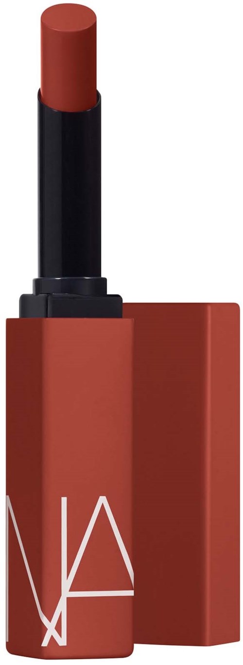 A lipstick with a brownish-red shade in a black and red container. The container has white branding words.