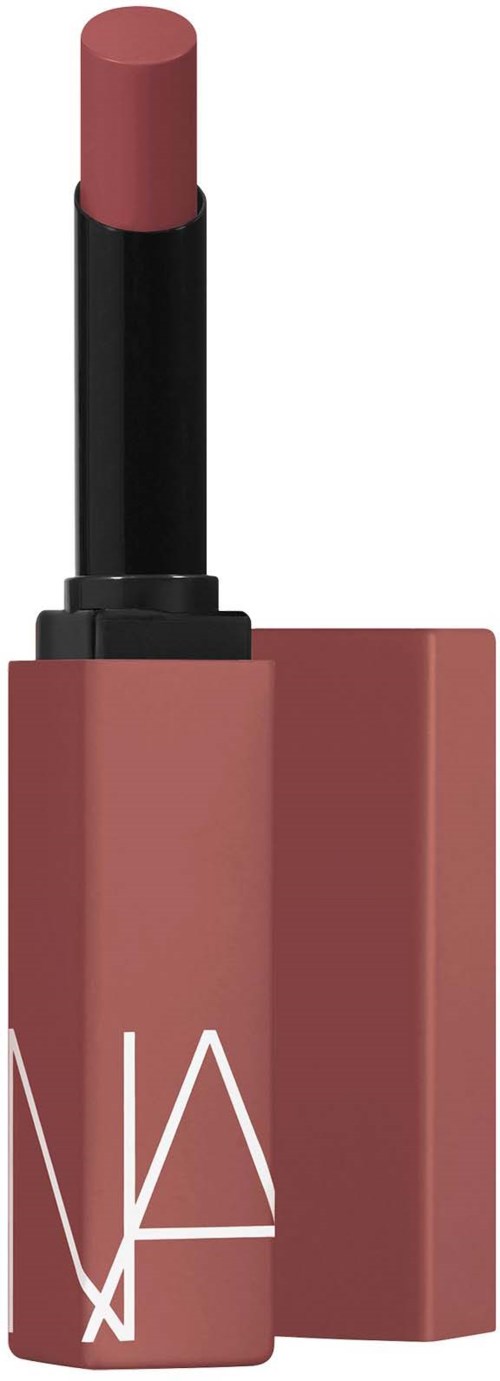 A lipstick with a black base and a pinkish shade, partially extended from a pink case with white text.
