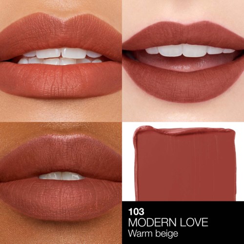 Four images show lips with different shades of warm beige lipstick, including a color swatch labeled 103 MODERN LOVE.
