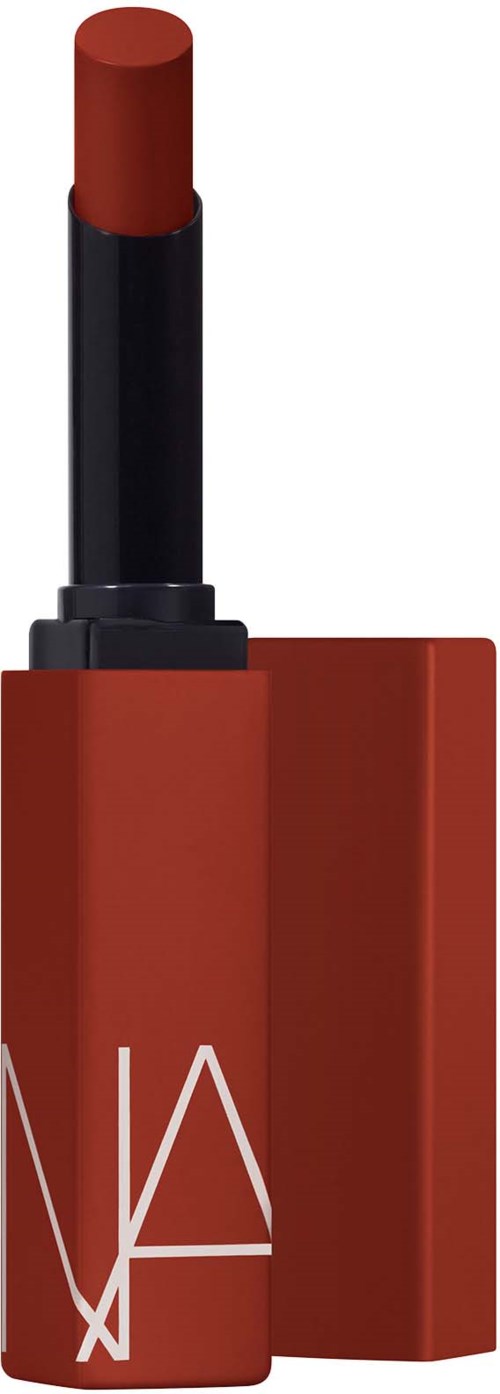 A red lipstick with a black base, standing vertically with part of the cap beside it.