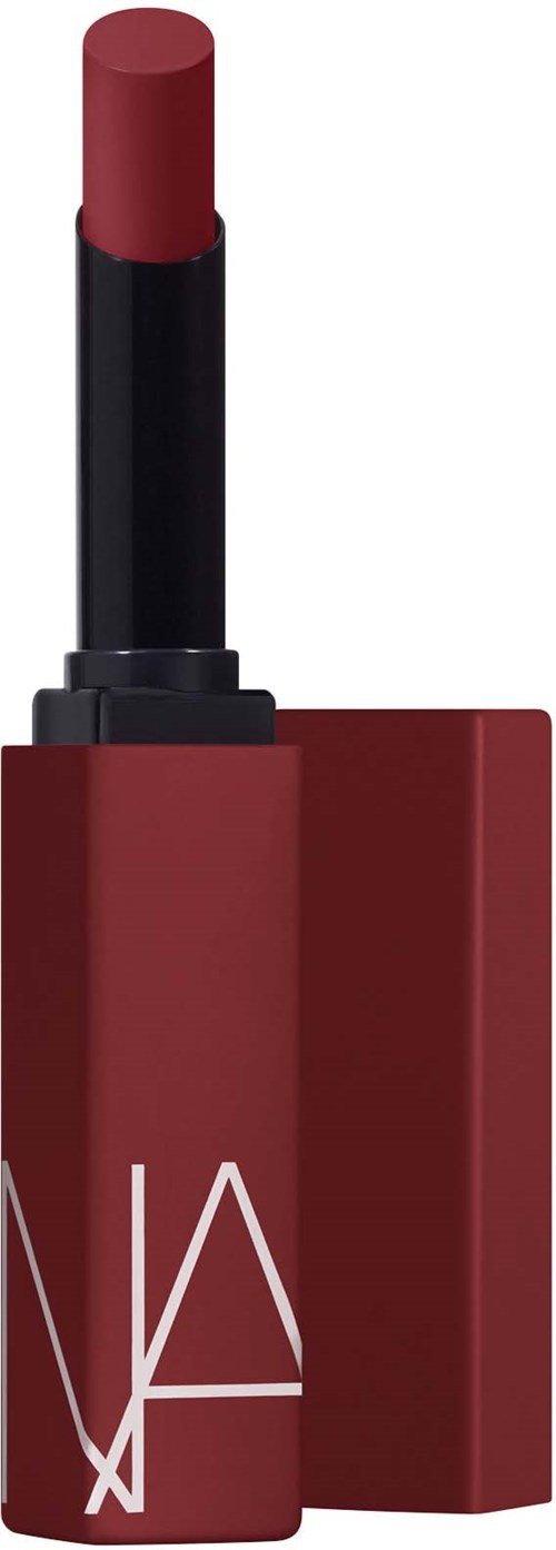 A lipstick with a red shade and a black case, standing upright with part of the case removed.