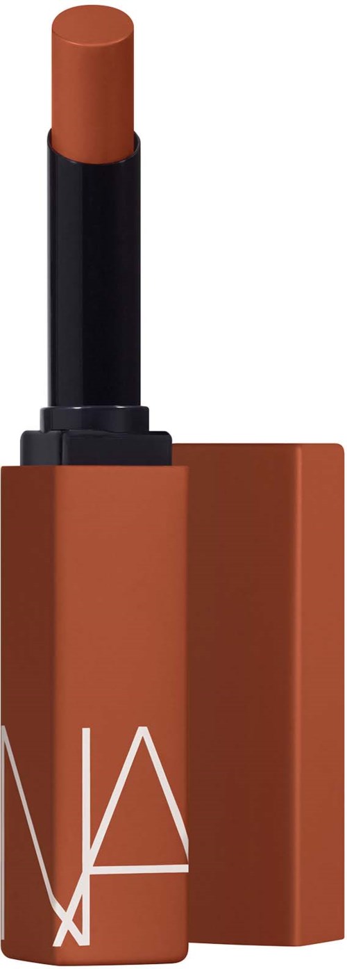 A tube of lipstick with the cap removed, showing a brownish lipstick inside.