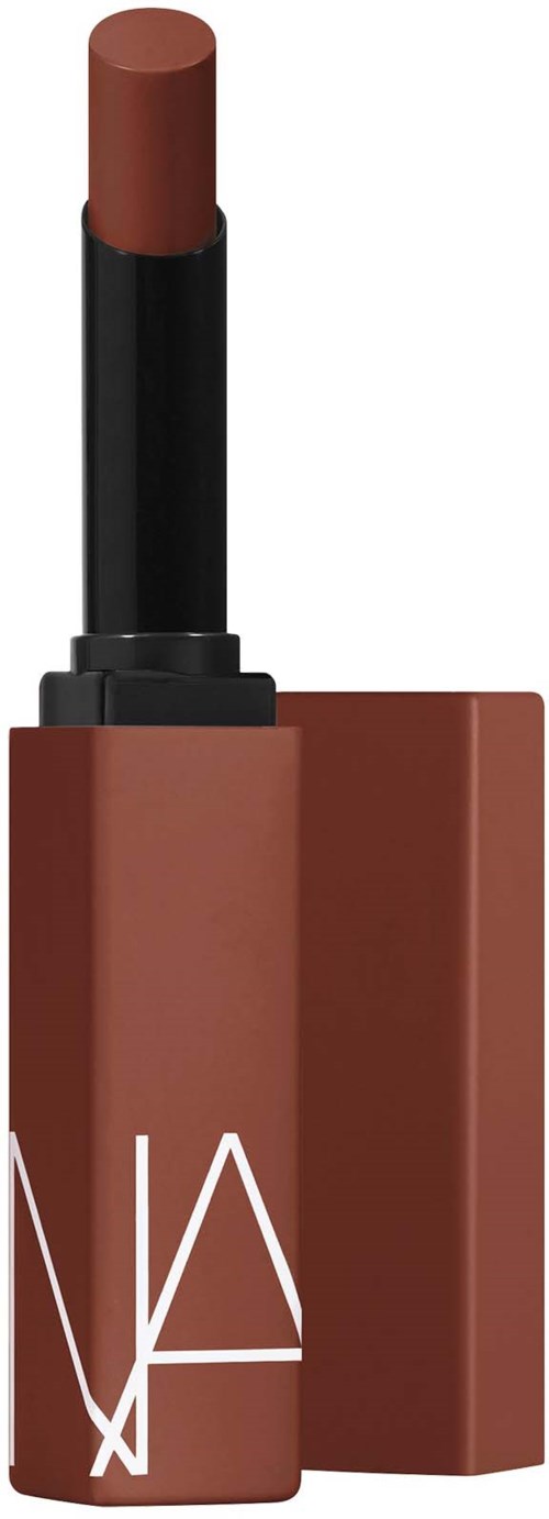 A lipstick with a brown shade, partly twisted up, in a brown and black tube.