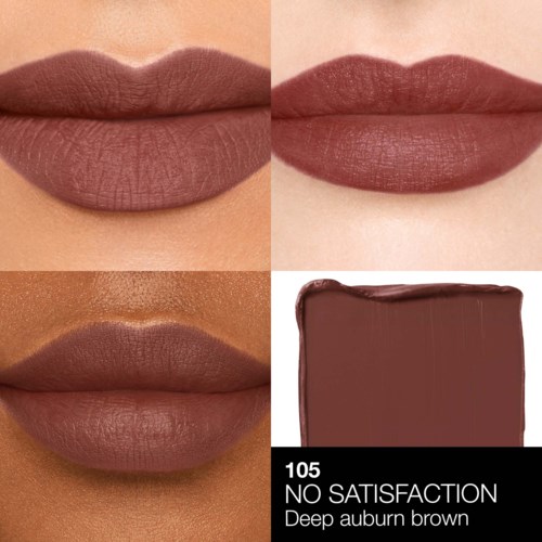 Three pairs of lips with different shades of brown lipstick and a lipstick swatch labeled '105 NO SATISFACTION Deep auburn brown.'