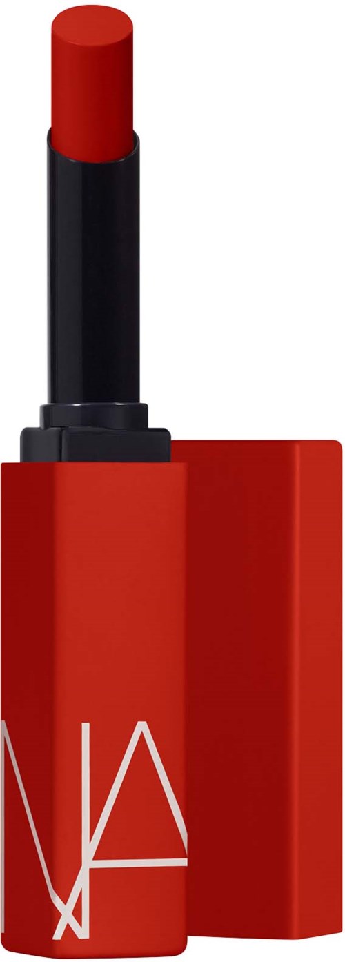 A red lipstick with a black case and a simple white logo on the tube.