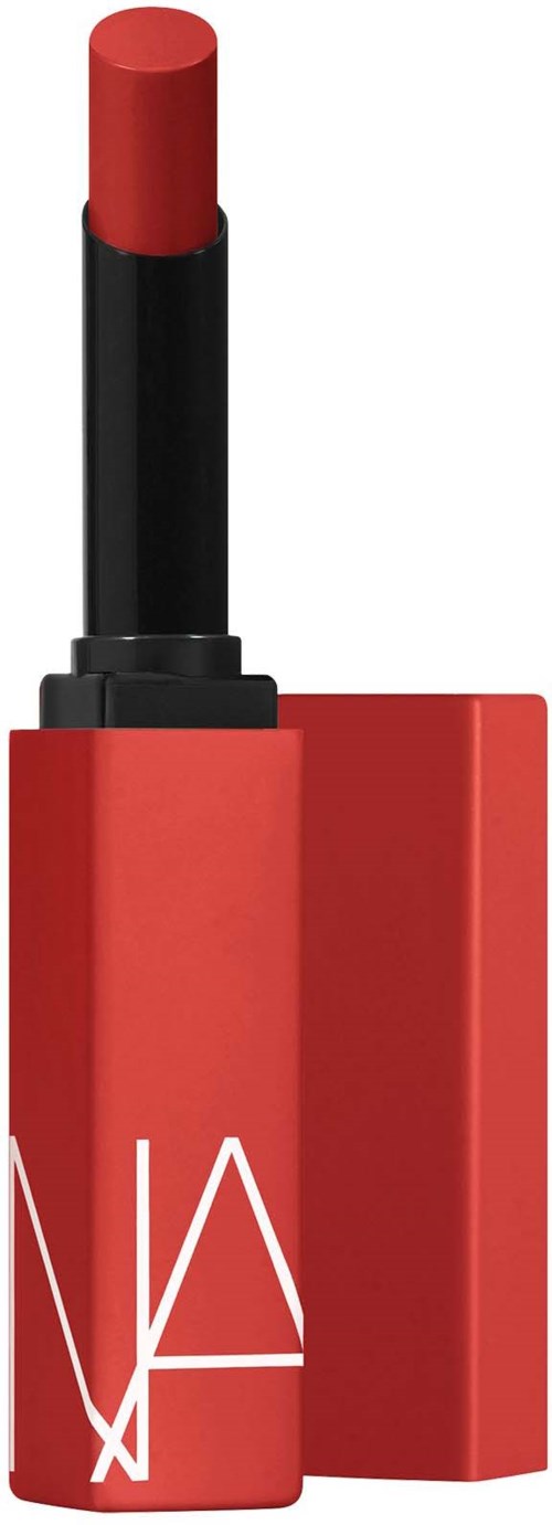 A red lipstick with a black base in a red packaging. The lipstick is extended upward outside the case.
