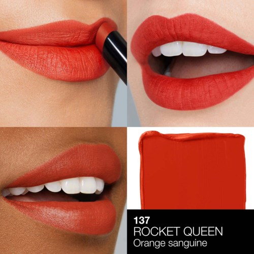 Three lips with orange-red lipstick and a swatch called 'Rocket Queen' in similar color. Close-up views showing lips and lipstick.