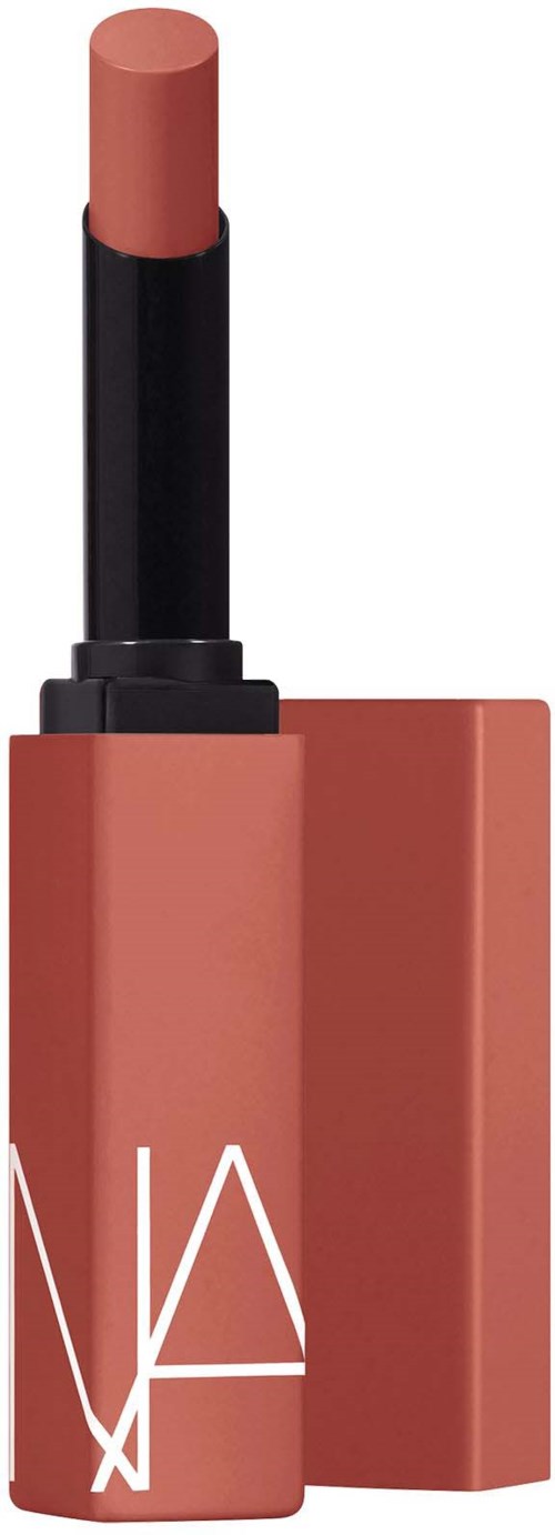 A lipstick with a pinkish shade and a black base, partially open showing the product inside.