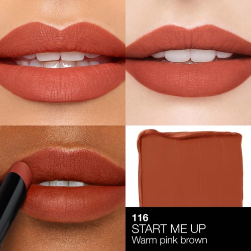 A collage showing lips with warm pink brown lipstick, a lipstick swatch, and a person applying the lipstick.