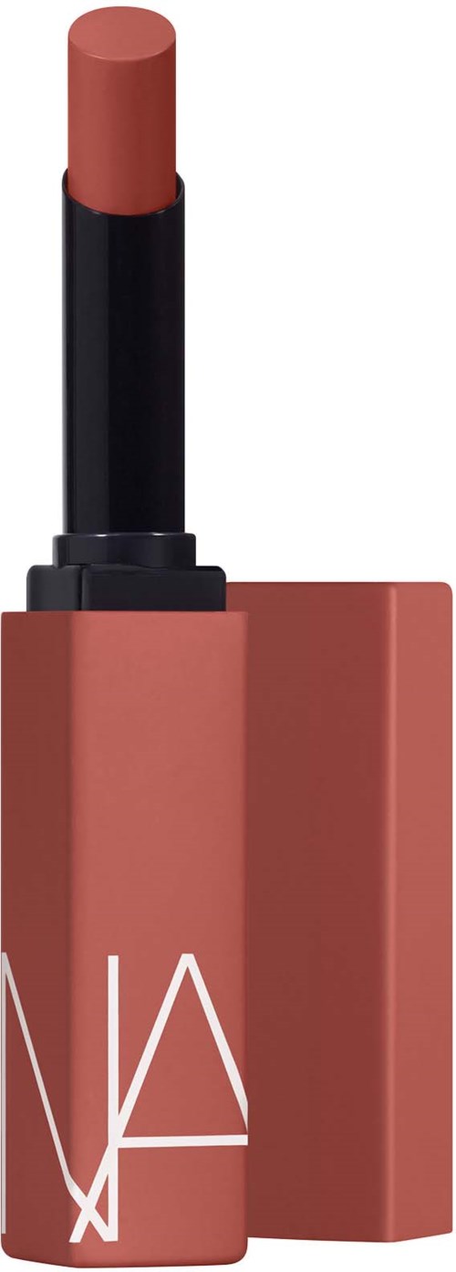 Ett läppstift utan lock, visar en beige-brun nyans. Rörfärgen är rosa med vitt text.