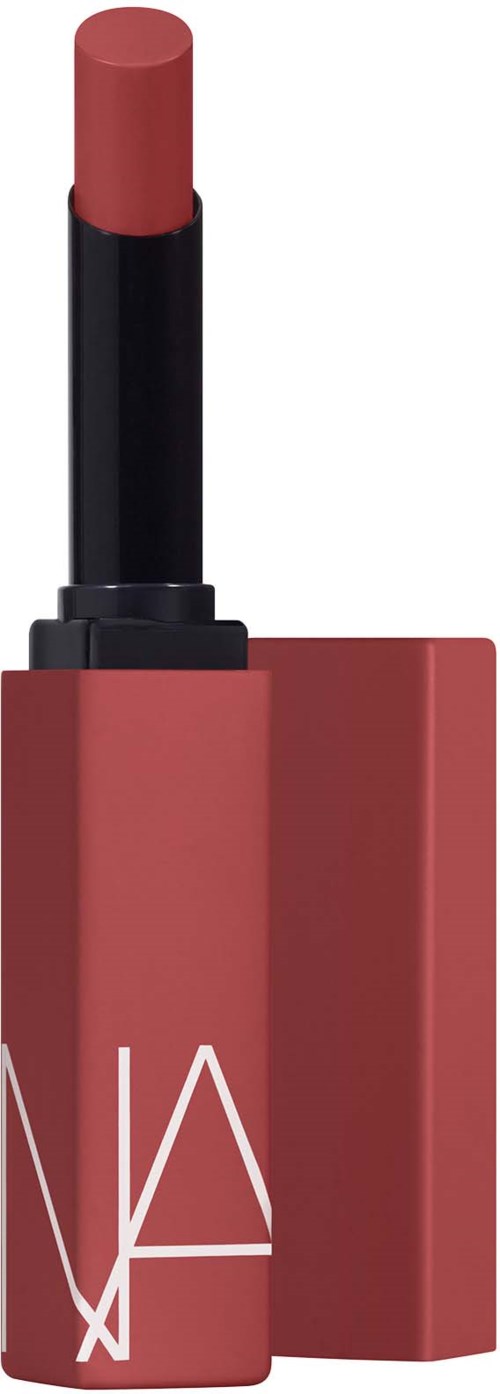 A lipstick in a red holder with a black tube, showing the lipstick stick on top.