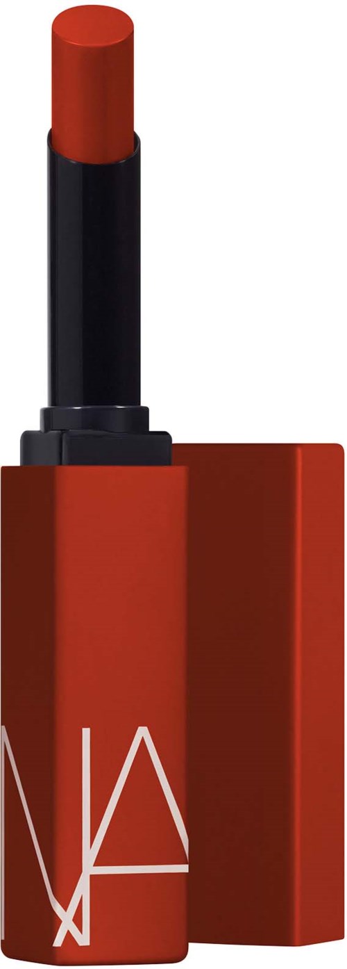 A lipstick with a black tube and red cap, brand logo on the case, and the lipstick is extended out.