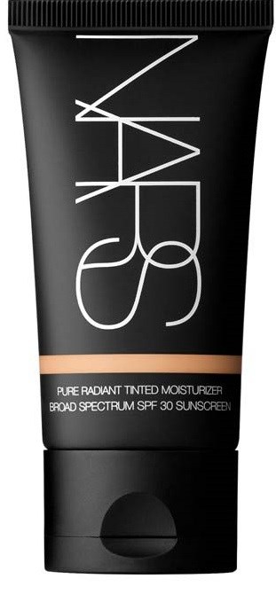 A black tube of NARS tinted moisturizer with a beige stripe, labeled with product details and SPF 30.