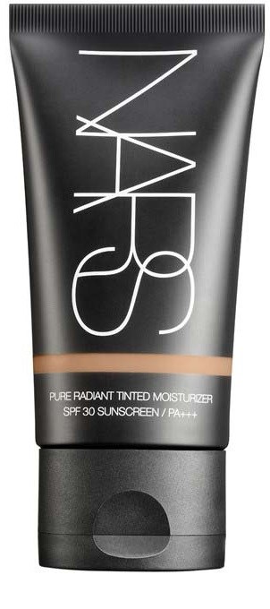 A black tube of NARS tinted moisturizer with SPF 30, featuring minimalist white text and a beige strip.