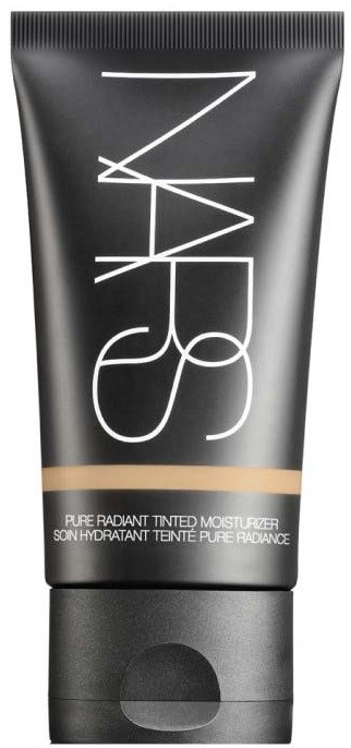 NARS tinted moisturizer tube, black with white text, beige strip at the bottom, small round cap.