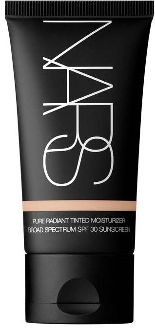 A black tube of NARS tinted moisturizer with SPF 30, labeled as pure radiant and broad spectrum sunscreen.