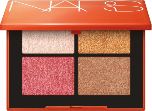 En makeuppalett med fyra glittrande färger: rosa, orange, korall och beige i ett svart och orange väskor.