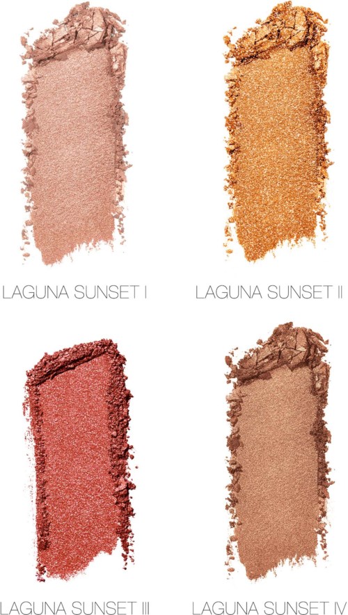 Fyra krossade ögonskuggor märkta Laguna Sunset I, II, III, IV i olika nyanser från ljus rosa till mörkröd och brunt.