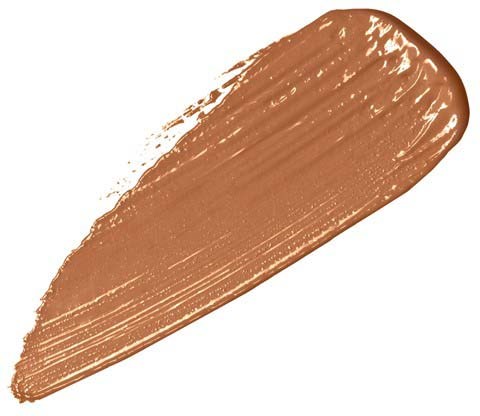 A thick, curved streak of brown makeup or paint on a white background.