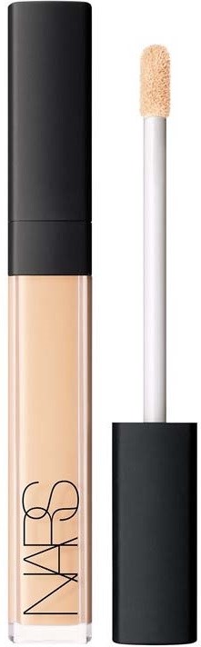 A liquid concealer with a black cap, beige shade, and an applicator stick beside it.