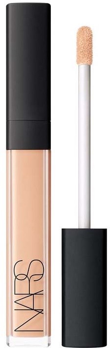 A tube of concealer with a black cap and a wand applicator showing beige liquid.