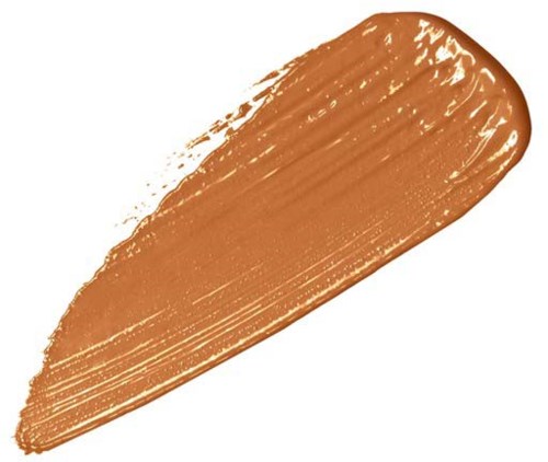 A thick, brown paint stroke on a white background, appearing smooth with visible brush lines.