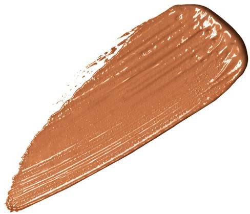En brun makeup- eller färgstreck på vit bakgrund med penseldrag och slät yta.