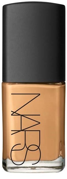 NARS foundation bottle with black cap and beige liquid inside.